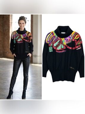 Vtg 80s SEMPLICE Signed Wool Abstract Sequin Beaded Cowl Neck Tunic Sweater L